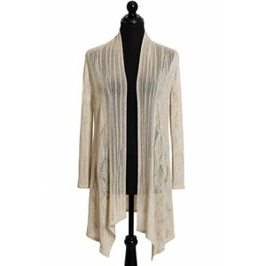 Boho NIC+ZOE Beige Open Knit Linen Blend Open Front Waterfall Cardigan Granola